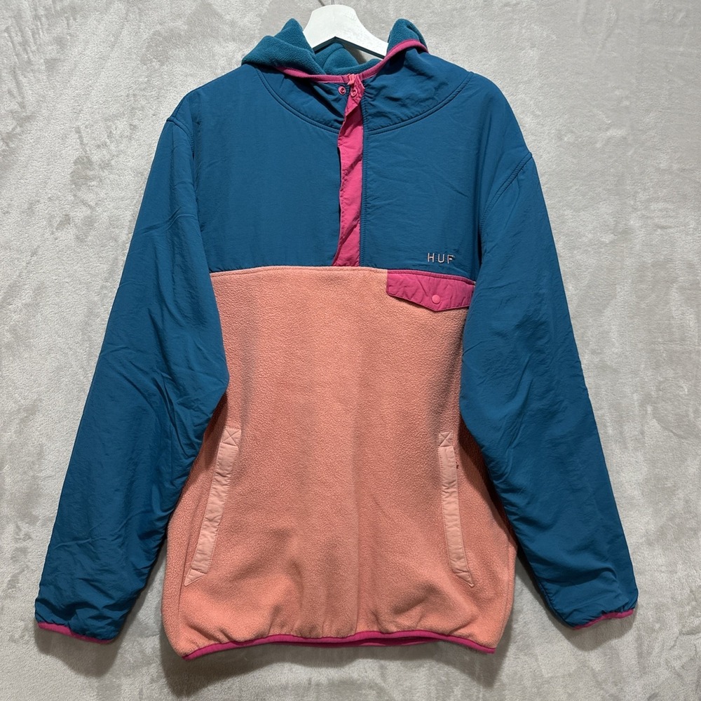 HUF Muir Pullover Hooded Fleece Jacket Size L Color Block 1/4 Zip
